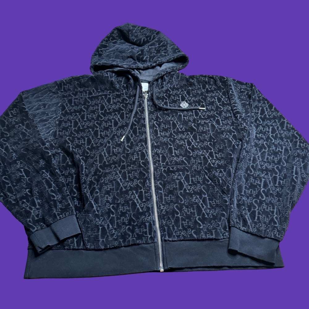 Savage X Fenty Velour Hoodie Large Black Full Zip Script Logo Lounge Streetwear